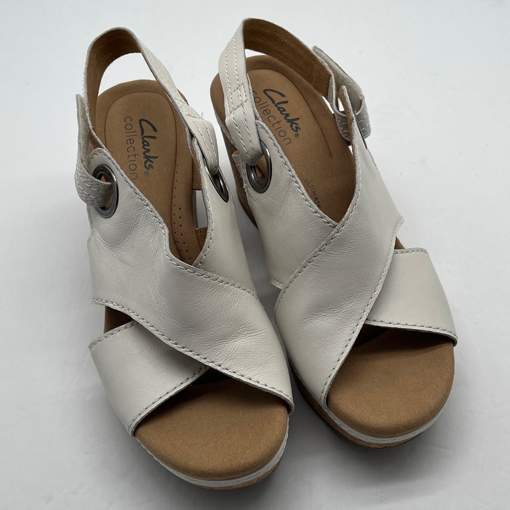Clarks Leather Wedge Sandals Open Toe Women's 6.5 White Comfort - Picture 6 of 16